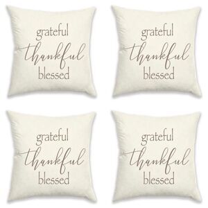 NWT 4 Grateful Thankful Blessed18×18 Ivory Brown Reversible Pillow Cushion Cover